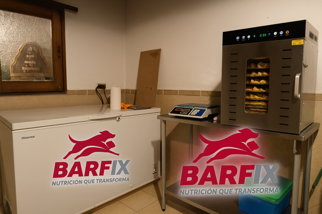 Cocina de producción de BARFix en Xalapa, barf xalapa, con congelador y deshidratador para preparar alimentos naturales para perros.